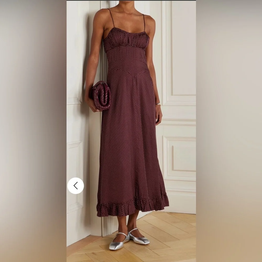 NWT! Doen Rosaria gathered polka-dot silk-blend midi dress - L - Picture 1 of 11
